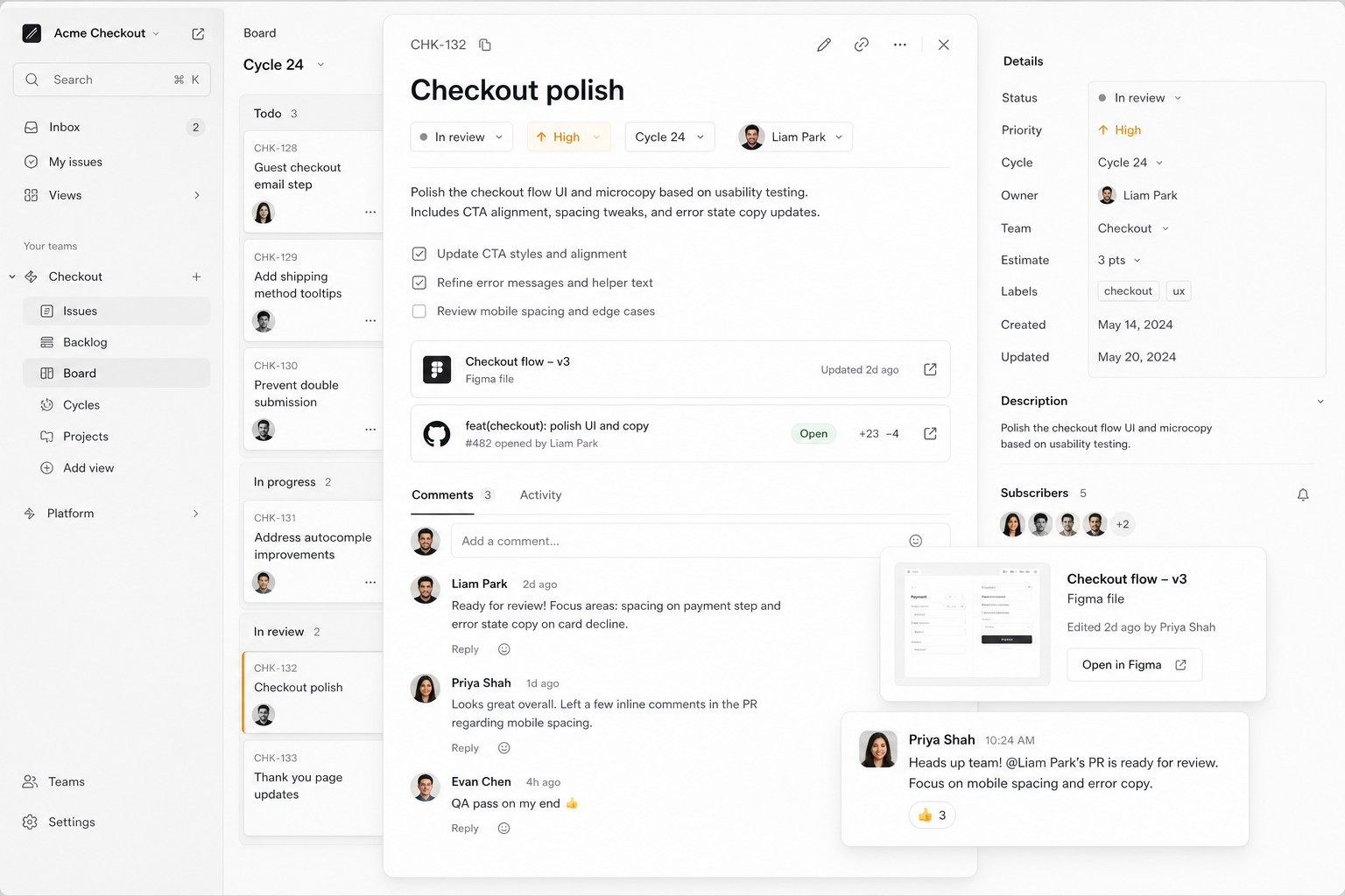 Issue detail with design, code, and team updates